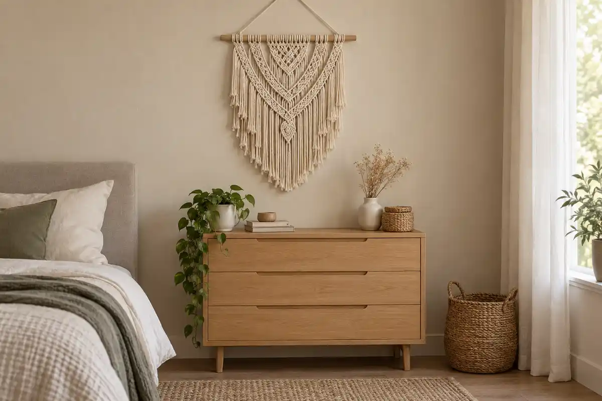 Un macramé écru suspendu au-dessus d’une commode apporte un accent textile souple à un mur autrement dégagé.