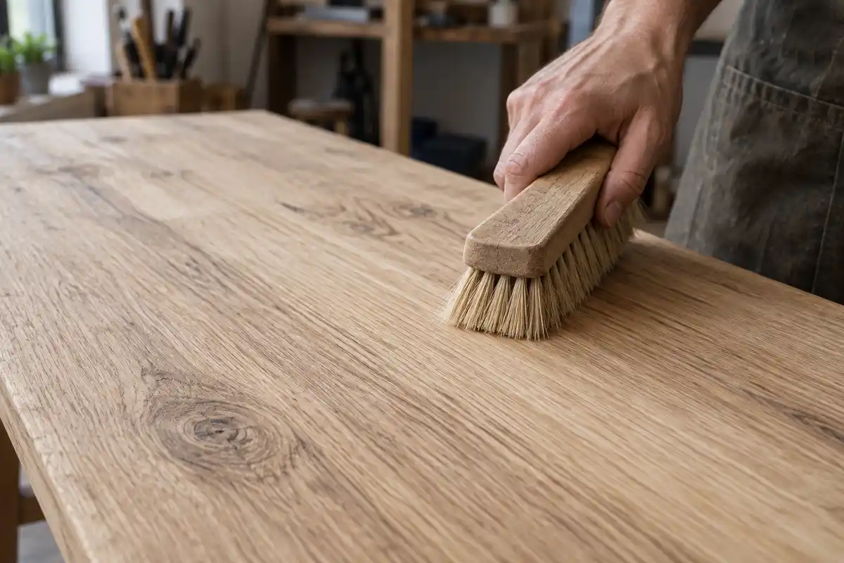 Le brossage suit les fibres du bois nu pour ouvrir son grain avant le ponçage fin et le dépoussiérage.