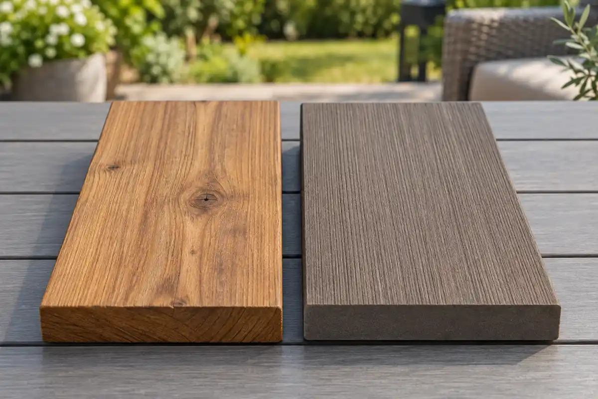 Le veinage variable du bois naturel contraste avec la texture régulière du composite, deux aspects qui varient selon l’essence ou la gamme choisie.