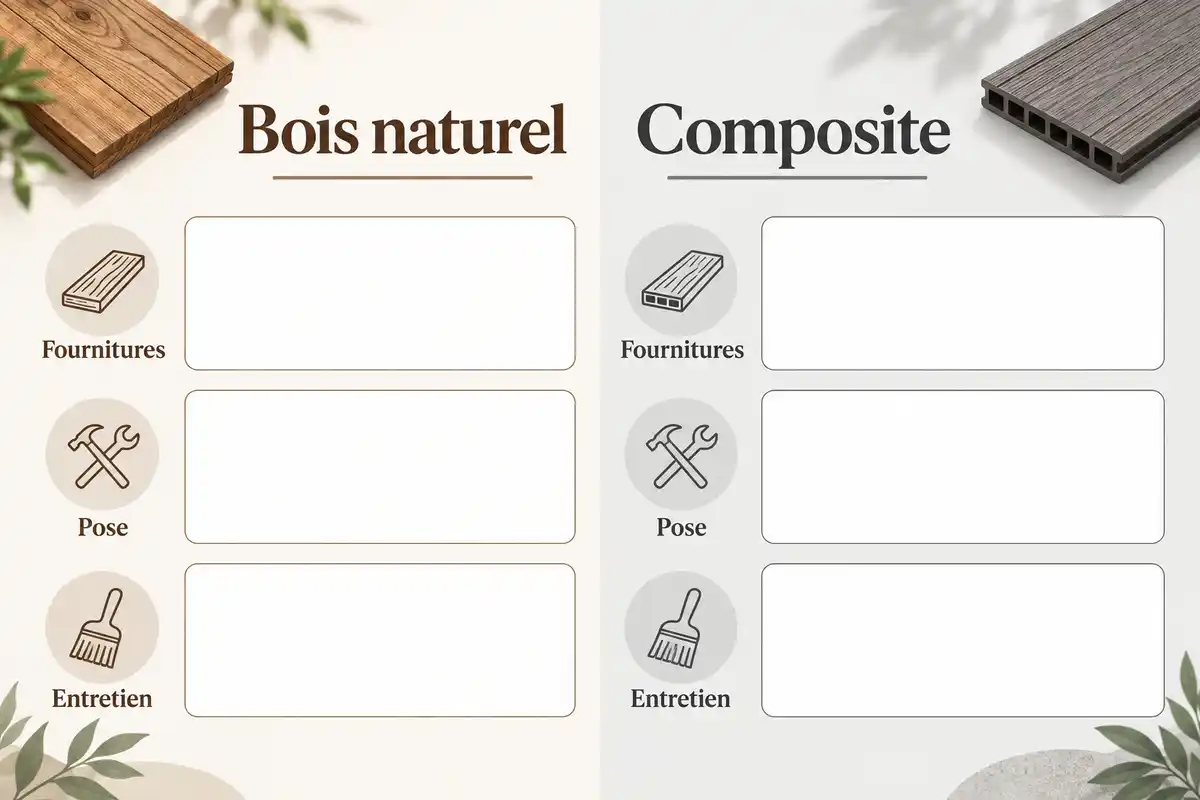 Comparer le bois naturel et le composite en chiffrant séparément fournitures, pose et entretien permet de rapprocher les devis sur les mêmes postes.
