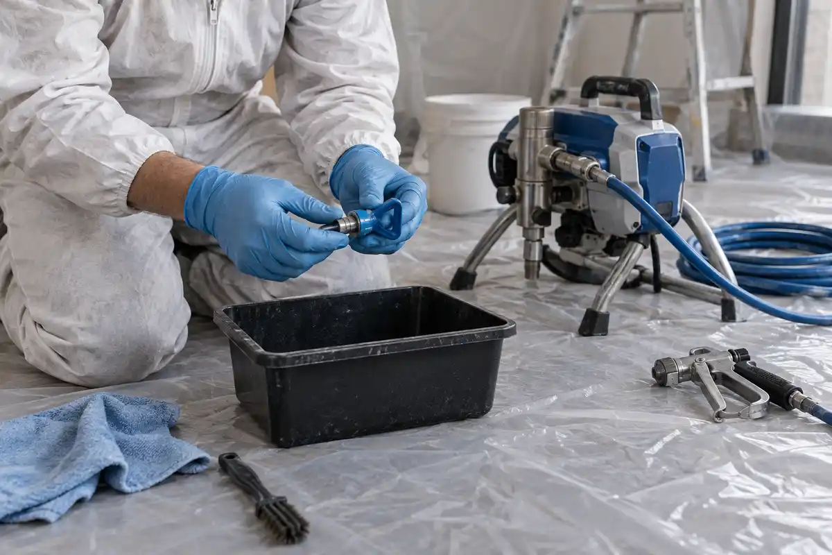 L’inspection d’une buse démontée au-dessus d’un récipient illustre une étape d’entretien avant le rangement de l’airless.