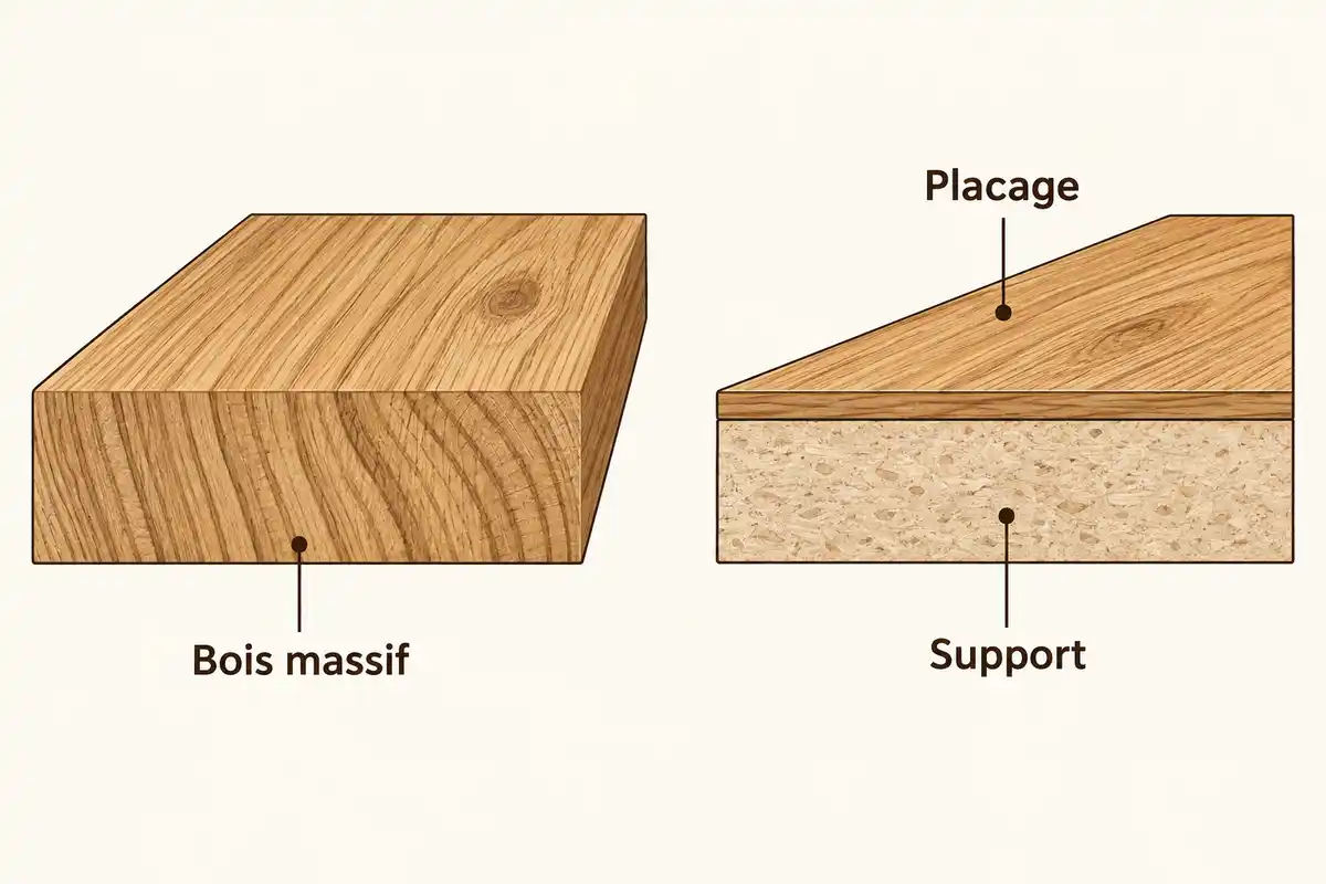 Le bois massif traverse toute la coupe, tandis que le placage forme une fine couche décorative sur un support distinct.