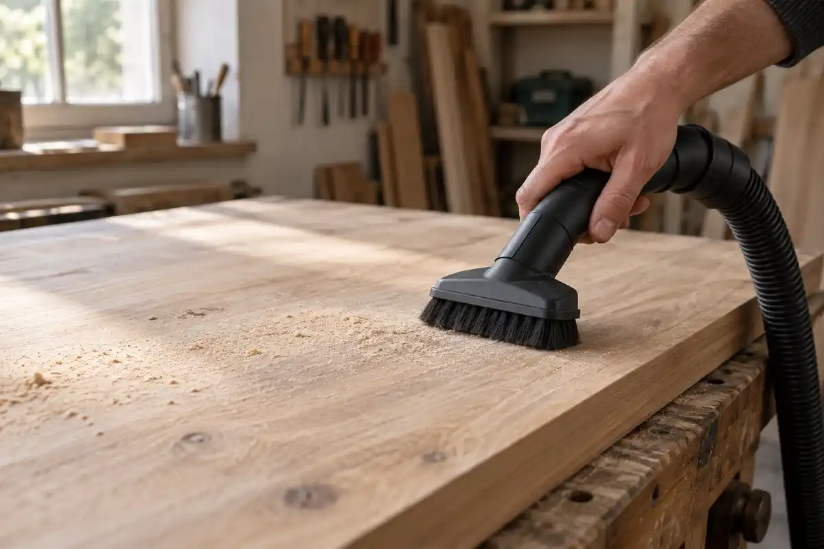 Après le ponçage, aspirer la surface du meuble retire la poussière avant l’application d’une finition.