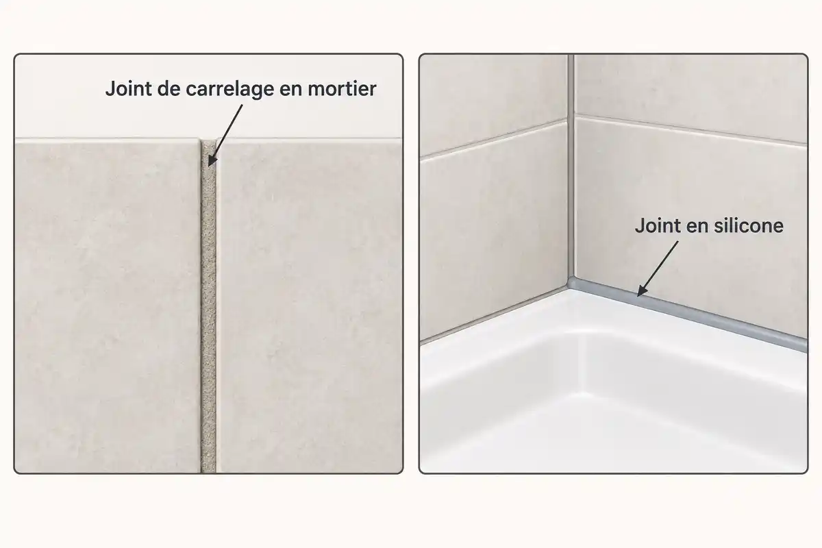 Le mortier se situe entre deux carreaux, tandis que le silicone forme un joint souple à la jonction du mur et du receveur.