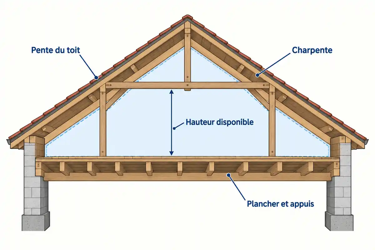 Le diagnostic des combles prend en compte la hauteur et la pente du toit, l’encombrement de la charpente et le plancher avec ses appuis.