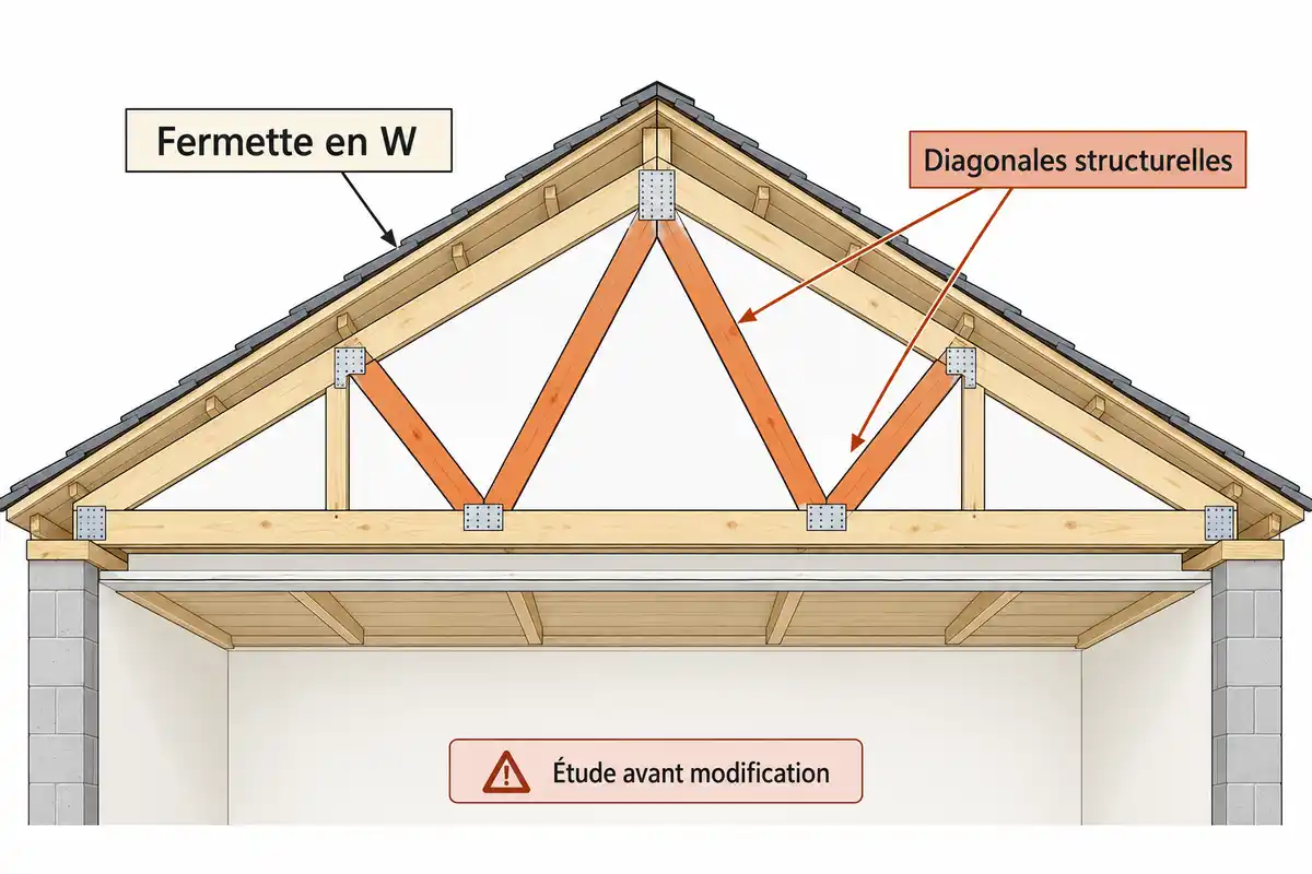 Les diagonales d’une fermette en W occupent les combles et participent à la structure ; leur modification demande une étude préalable.