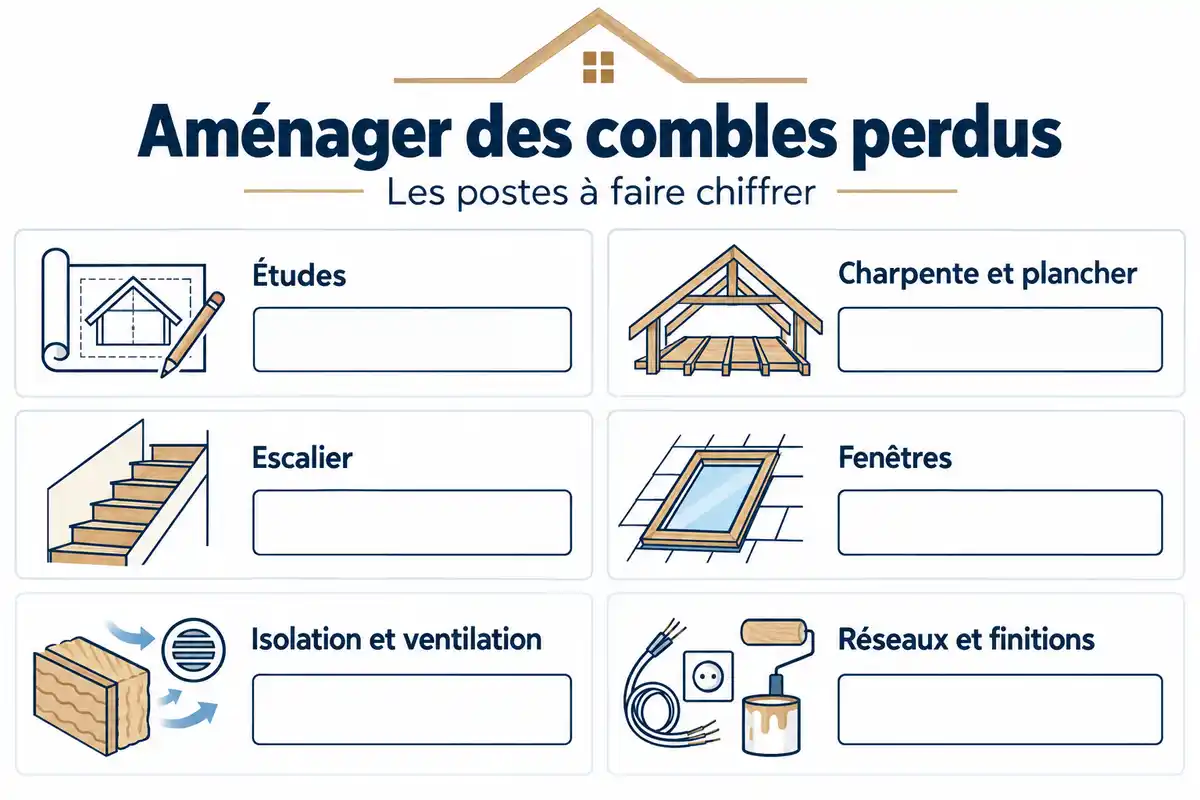 Comparer les devis poste par poste, des études à la charpente, l’escalier, aux fenêtres, à l’isolation, aux réseaux et aux finitions.