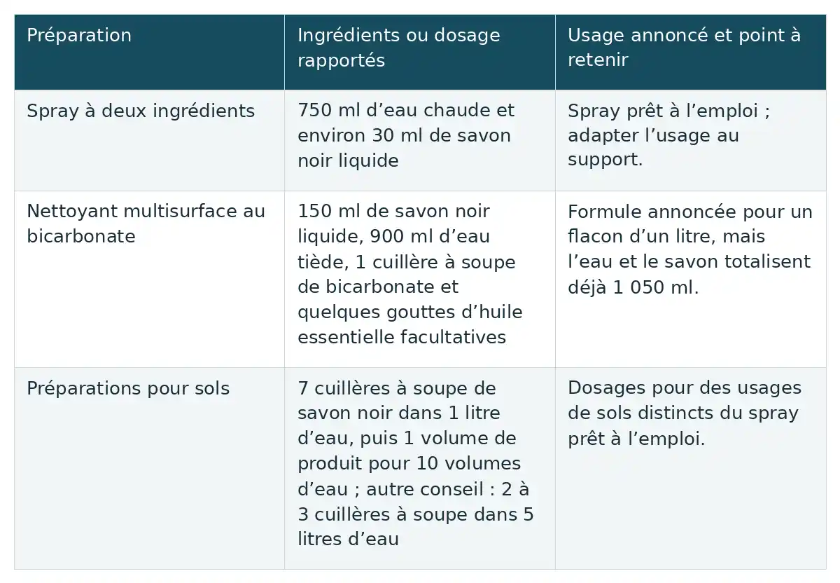 Comparer les ingrédients et dosages du spray, du nettoyant au bicarbonate et des préparations pour sols, aux usages distincts.