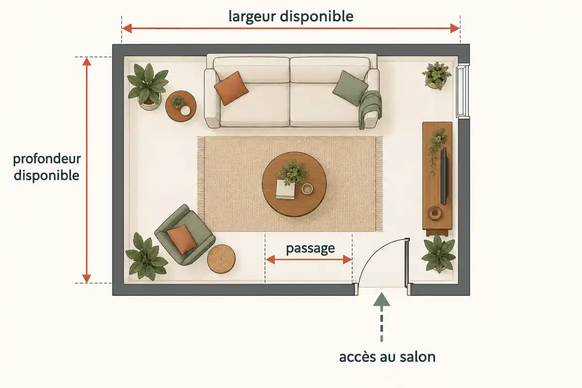 Largeur, profondeur, passage et accès au salon : quatre mesures à confronter à la configuration exacte du canapé.