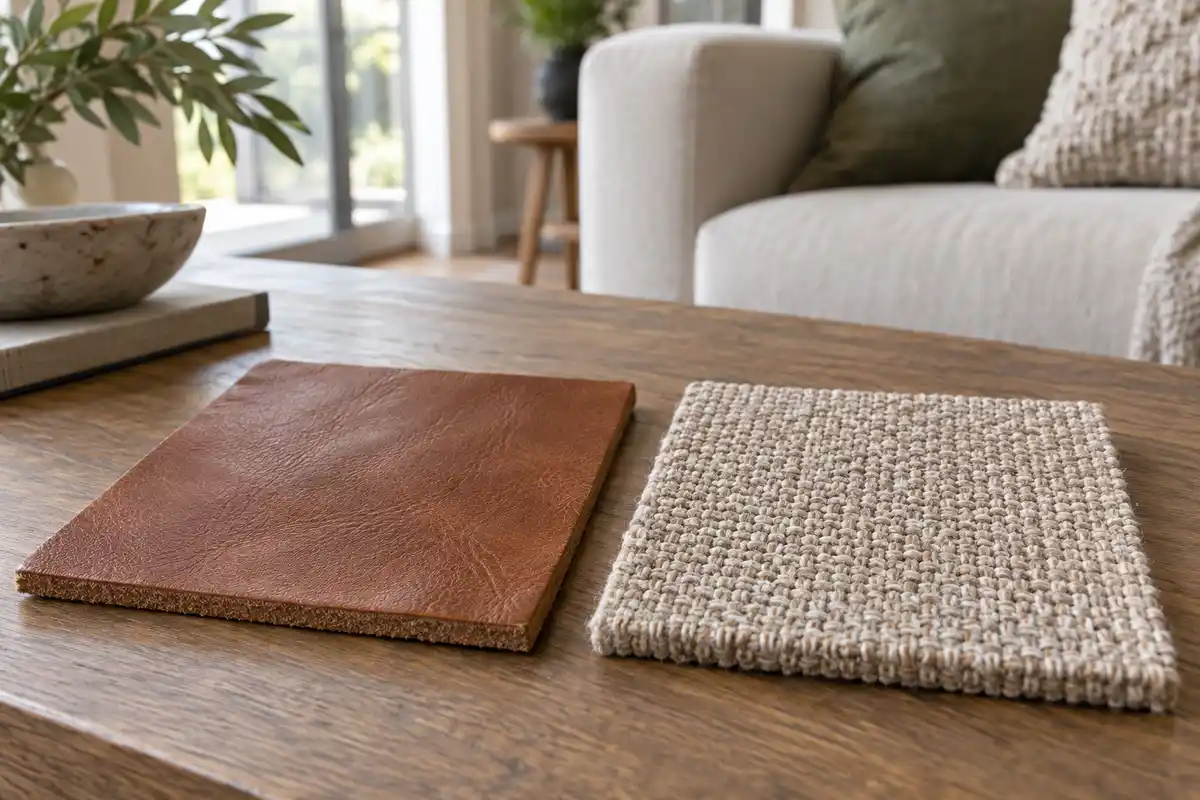 Le cuir brun lisse et le tissu beige tissé permettent de comparer visuellement deux textures, sans renseigner sur leur entretien.