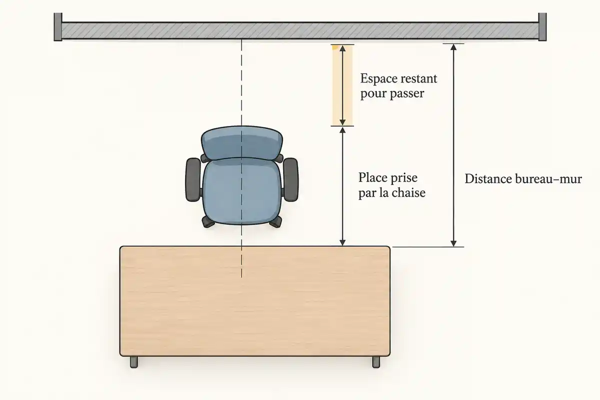La distance du bureau au mur comprend la place occupée par la chaise et l’espace qui reste pour circuler.