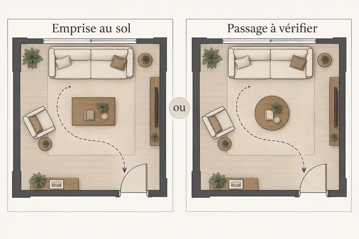 Tester au sol une table ronde ou rectangulaire aide à vérifier les trajets et l’accès aux assises selon l’espace disponible.