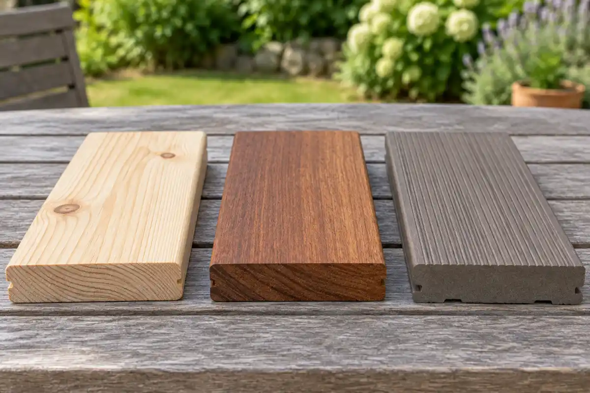 Lames de résineux clair, de bois tropical brun et de composite gris brun à comparer selon leurs caractéristiques déclarées.