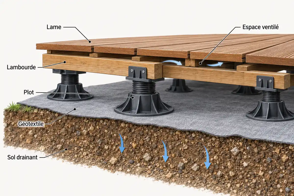Les lames reposent sur des lambourdes et des plots au-dessus d’un sol drainant, avec de l’espace pour l’eau et l’air.