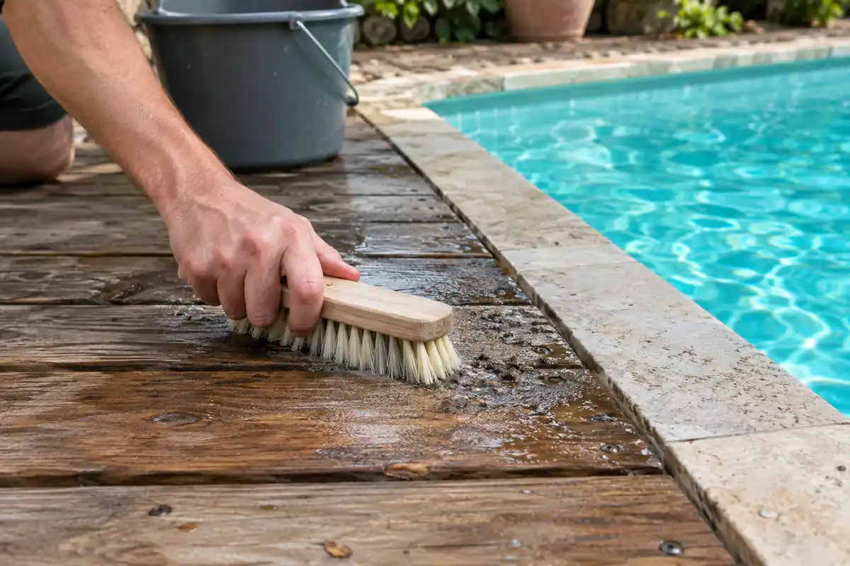 Brossage à l’eau des lames en bois au bord d’une piscine pour retirer les dépôts lors de l’entretien.