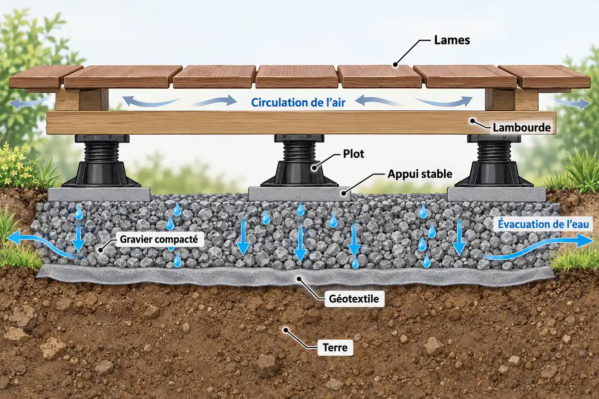 La séparation des couches par le géotextile, l’assise compacte sous les plots et l’évacuation de l’eau répondent à des besoins distincts.