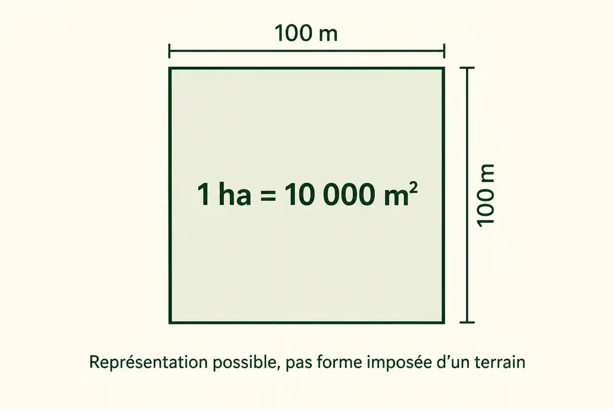 Un carré de 100 m sur 100 m couvre 10 000 m², soit 1 ha ; une parcelle réelle peut avoir une autre forme.