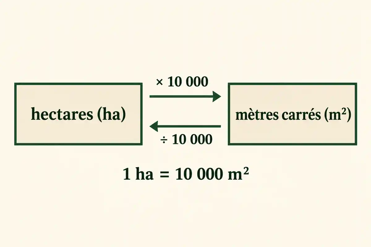 Pour convertir des hectares en mètres carrés, multipliez par 10 000 ; pour passer des mètres carrés aux hectares, divisez par 10 000.