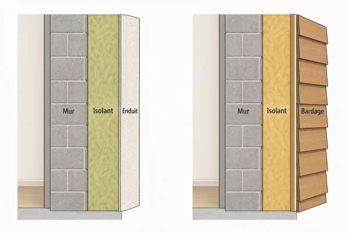 En isolation extérieure, l’isolant se place sur le mur côté façade, avec une finition possible en enduit ou en bardage.