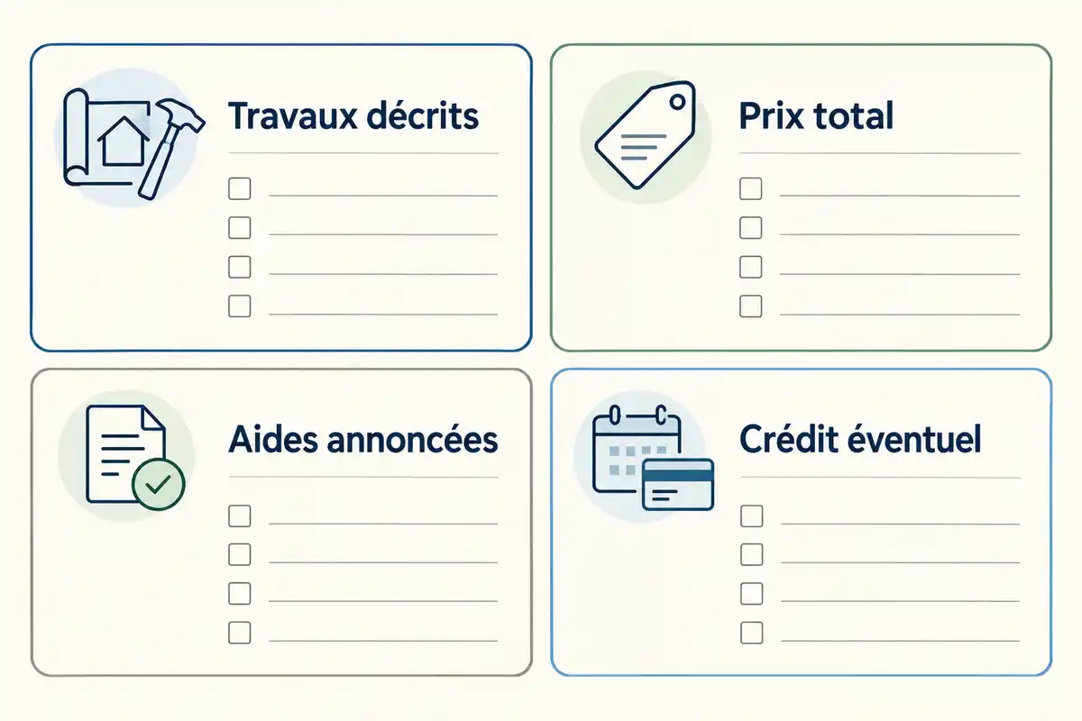 Avant signature, vérifiez le détail des travaux et du prix, puis la confirmation des aides annoncées et d’un éventuel crédit.