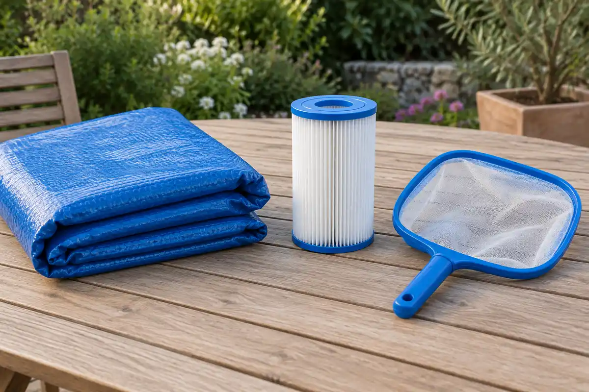 Bâche, cartouche de filtration et épuisette : des équipements à vérifier dans la fiche et le colis avant tout achat complémentaire.