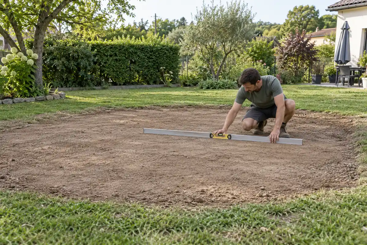 Vérifier le terrain avec un niveau posé sur une règle aide à préparer un emplacement plat et dégagé avant l’installation.
