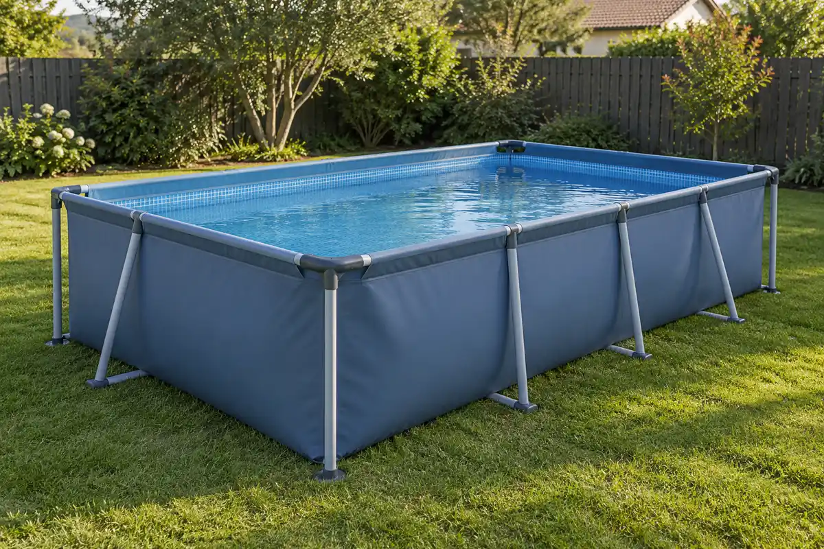 Des tubes métalliques extérieurs soutiennent la paroi de la piscine tubulaire, sans boudin gonflable en partie supérieure.