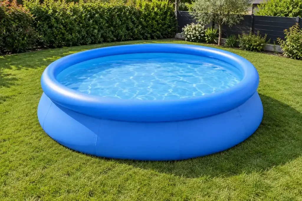 Piscine hors sol gonflable dans un jardin : un exemple de bassin domestique, sans indication d’une référence GiFi ni de disponibilité.