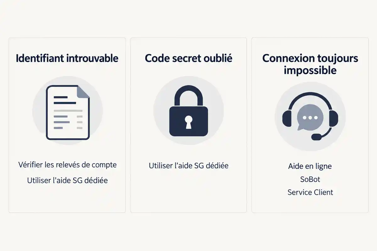 Identifiant introuvable, code oublié ou connexion bloquée : chaque situation oriente vers une aide SG adaptée.