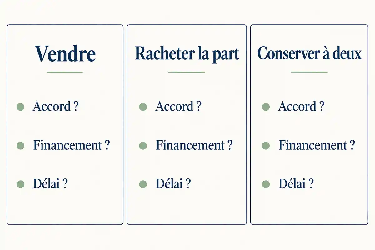 Vendre, racheter la part ou conserver le logement à deux : chaque option se compare selon l’accord, le financement et le délai.