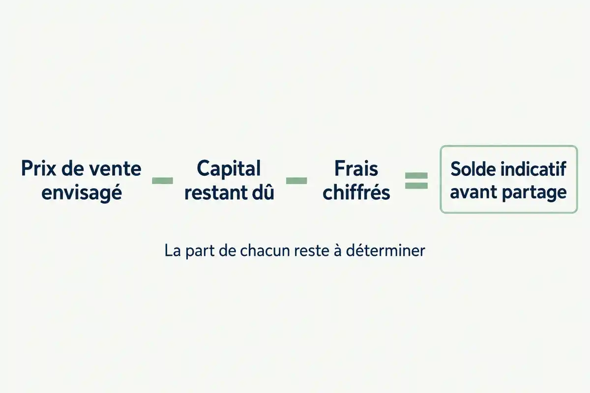 Le prix envisagé moins le prêt restant et les frais connus donne un solde indicatif ; la part de chacun reste à déterminer.