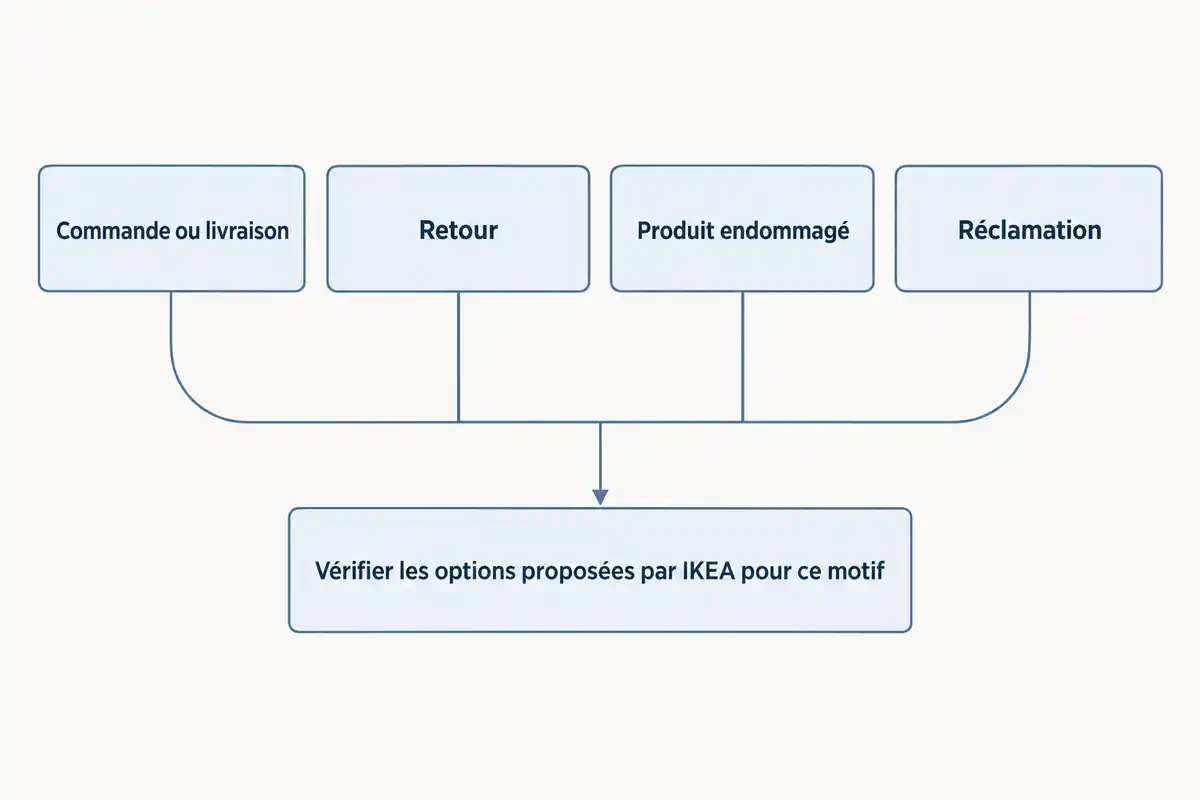 Commande, retour, produit endommagé ou réclamation : le motif détermine les options de contact IKEA à vérifier.