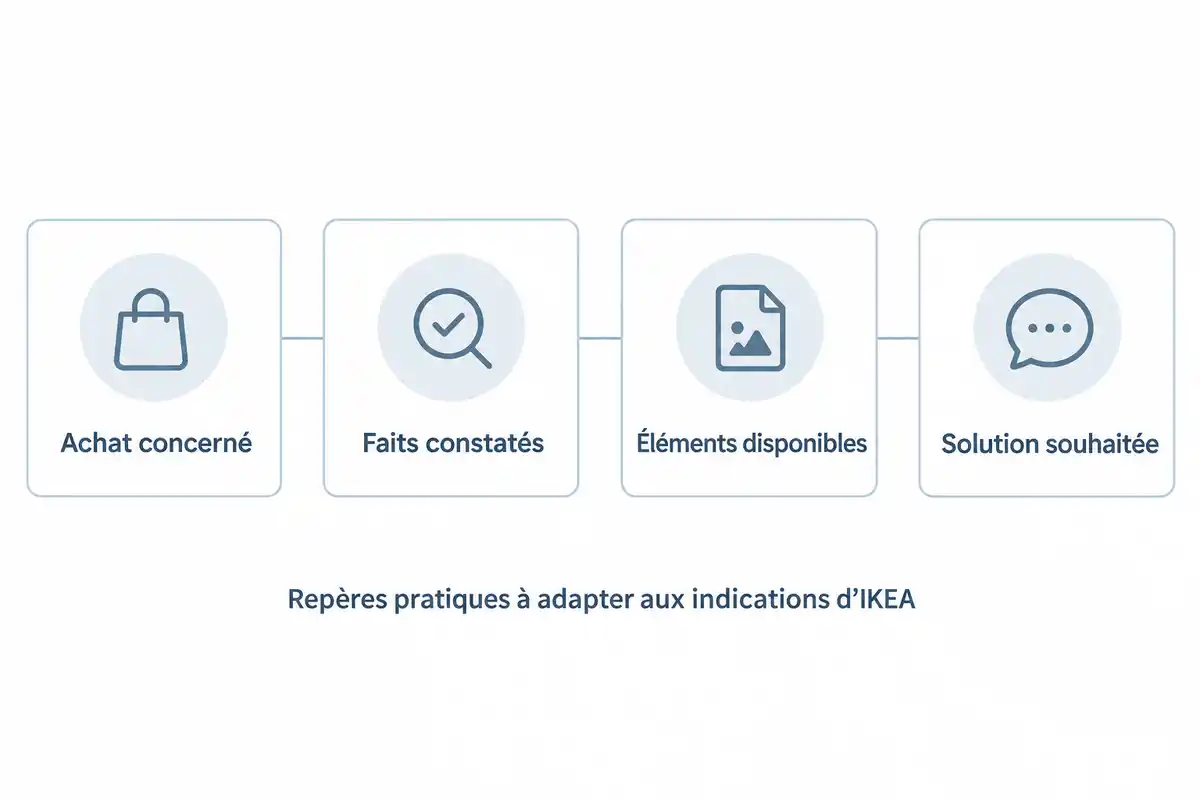Pour décrire un problème, préciser l’achat, les faits constatés, les éléments disponibles et la solution souhaitée, selon les indications d’IKEA.